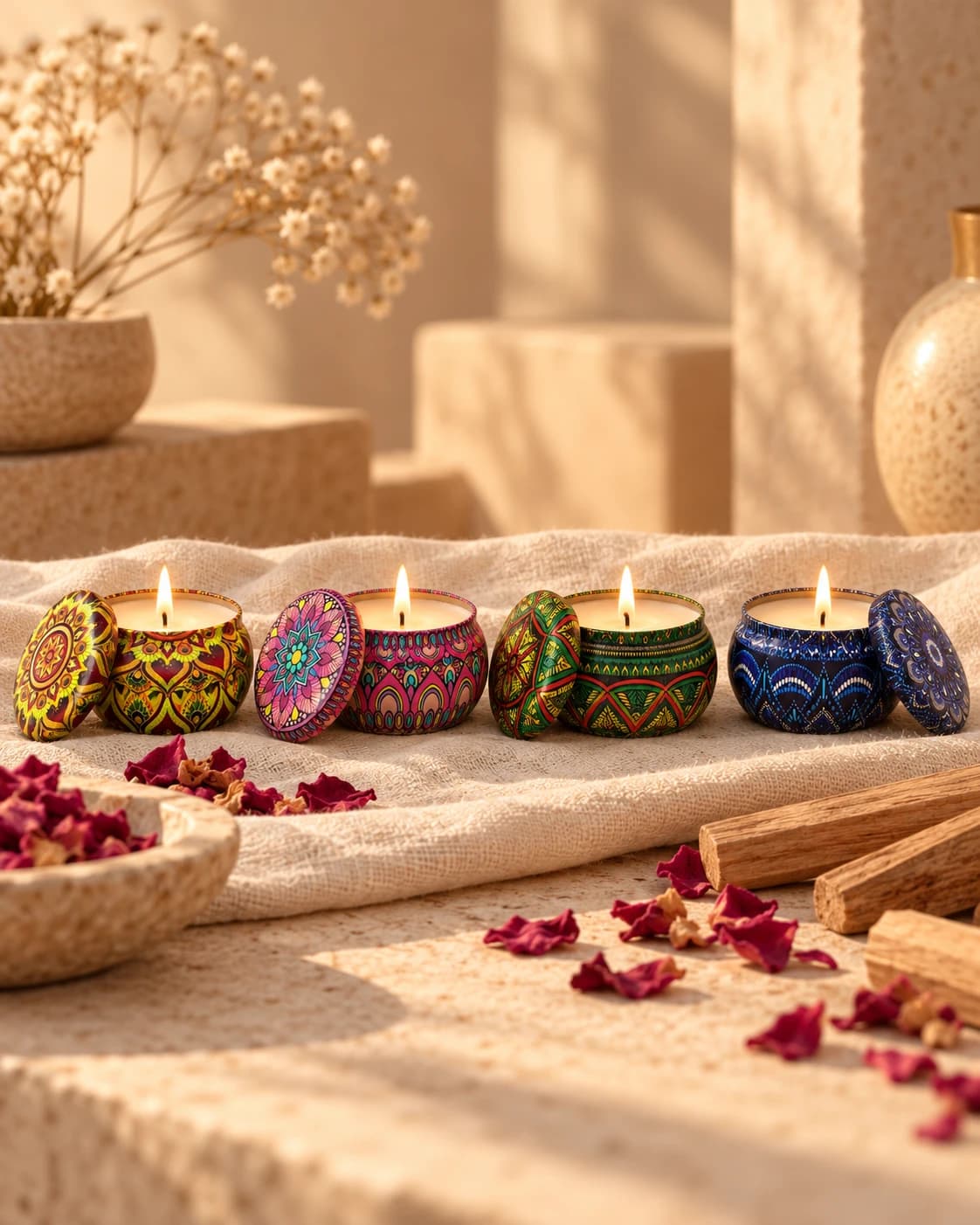 Four lit mini sandalwood candles in maroon, pink, green and blue mandala tins on linen, with sandalwood sticks and rose petals