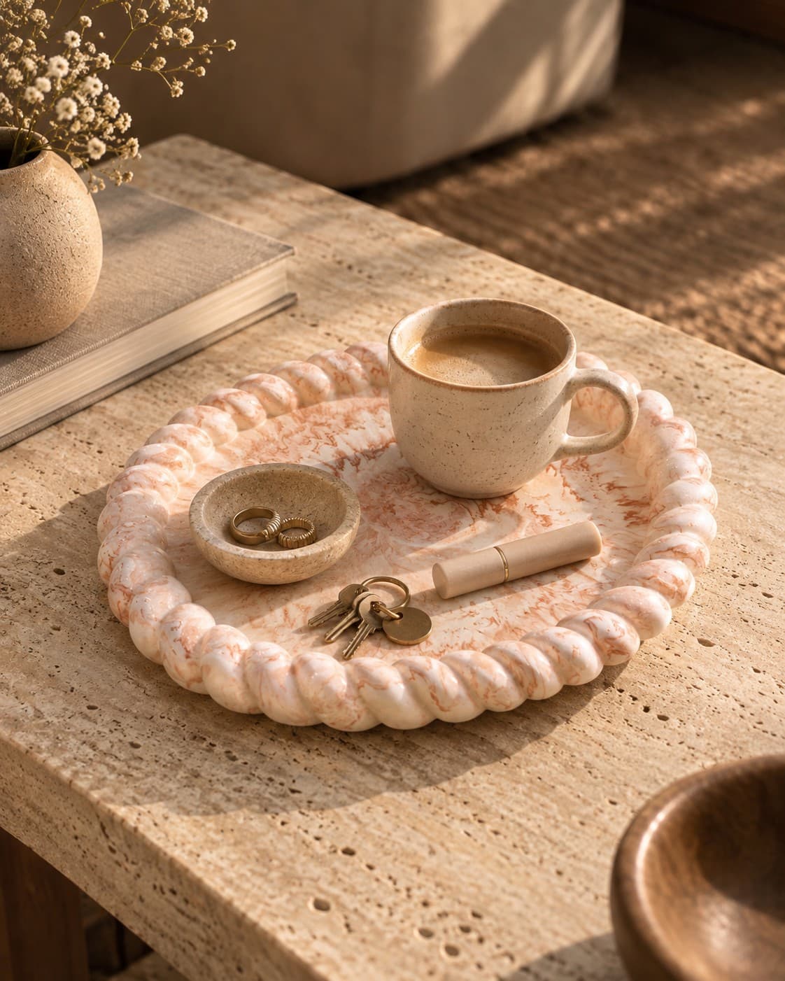 Small oval marble tray in terracotta marble, styled with coffee and a ring dish