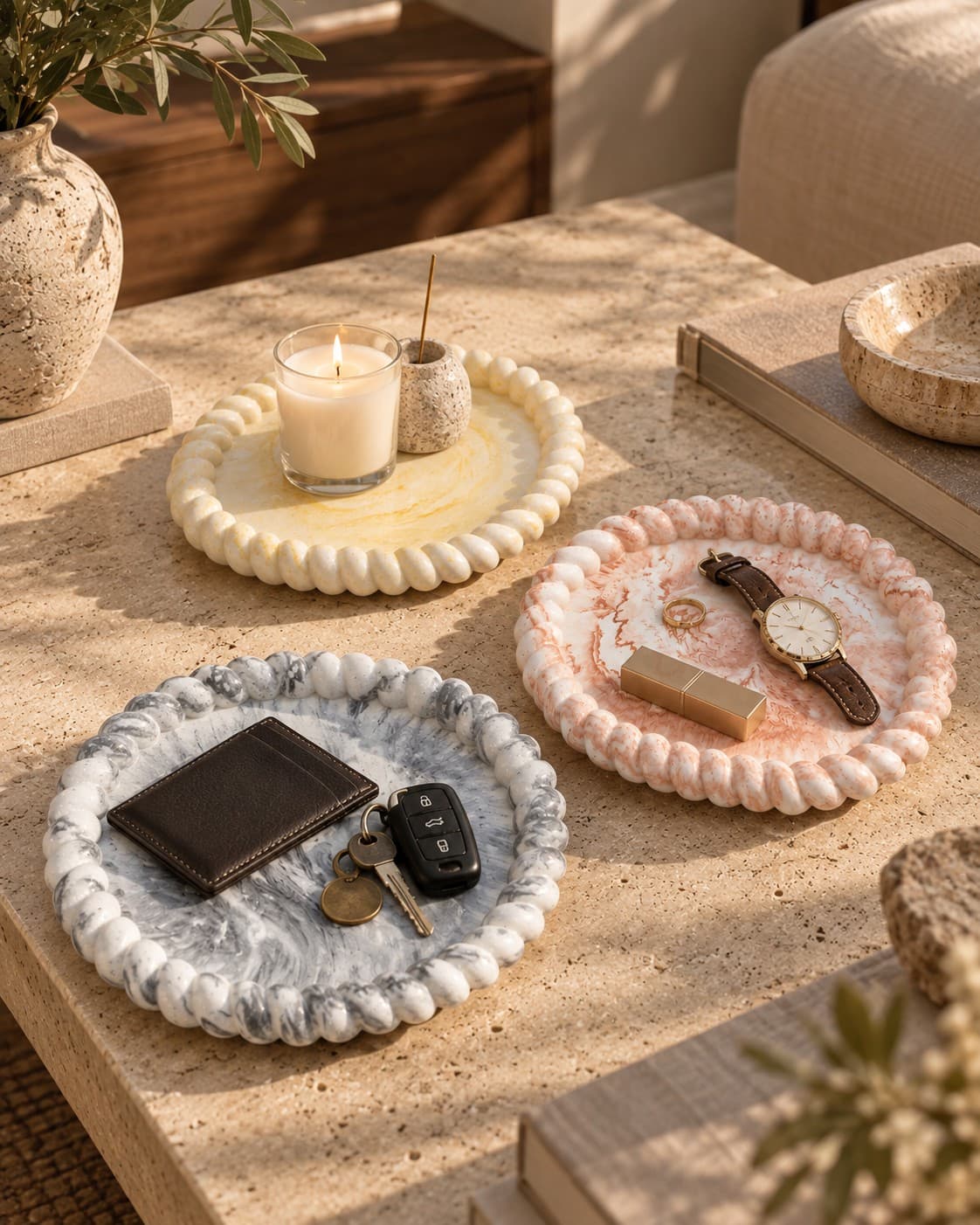 The Arivo tray collection styled with a lit candle, a watch and everyday objects