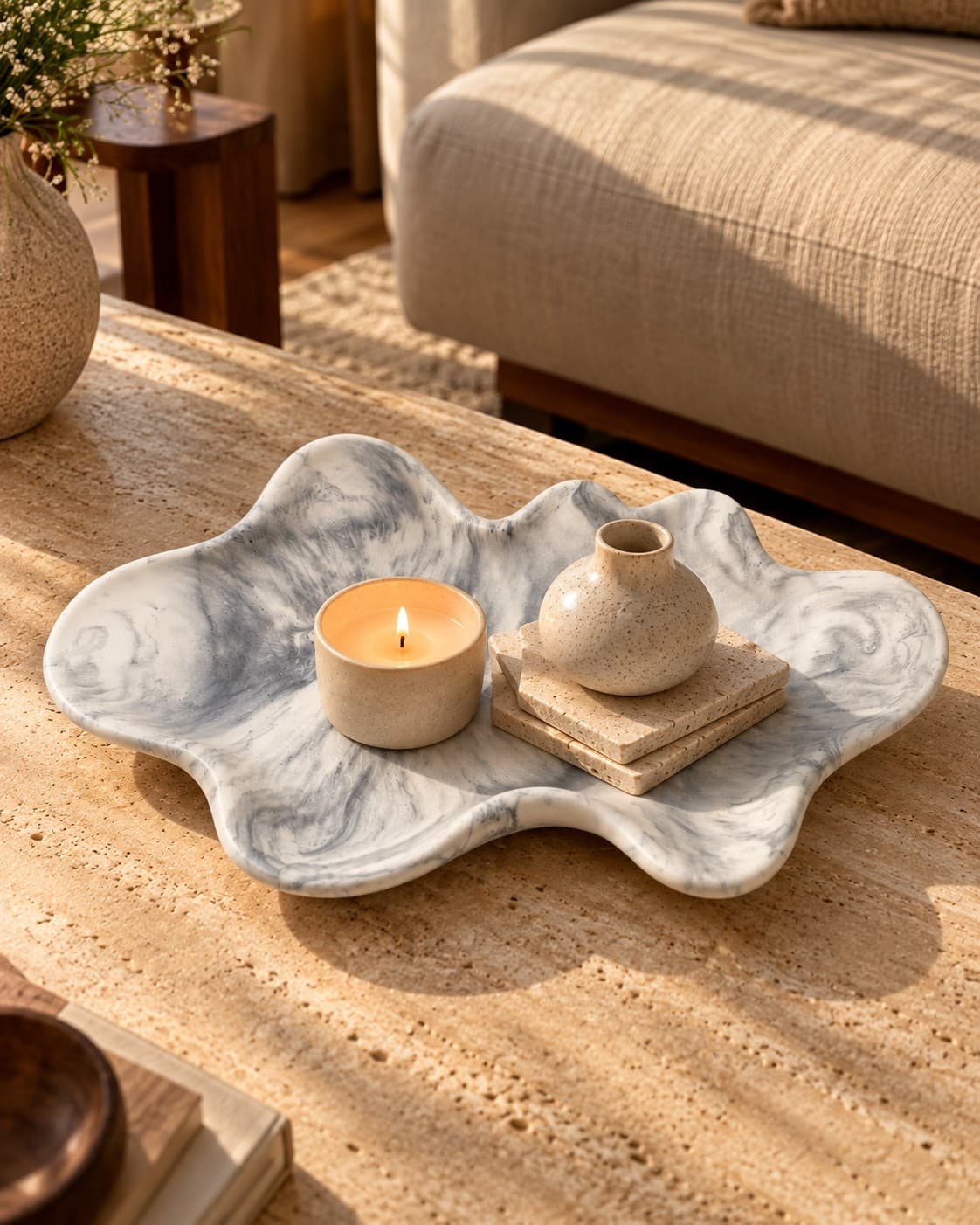 Large cloud marble tray styled on a table