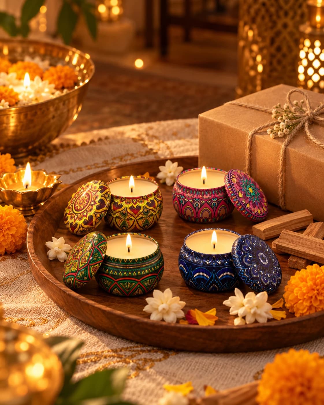 Mini candle tins on a wooden tray with marigolds and a gift box