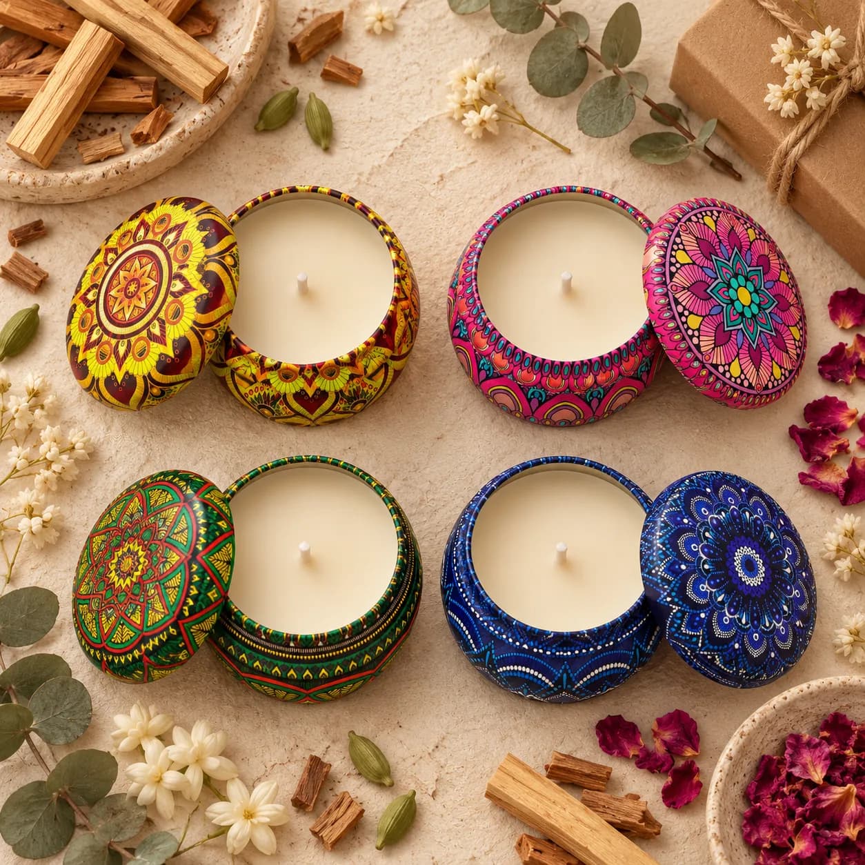 Four mini candle tins with their mandala-printed lids