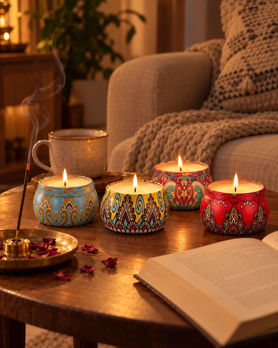 Four sandalwood candles burning on a side table in the evening