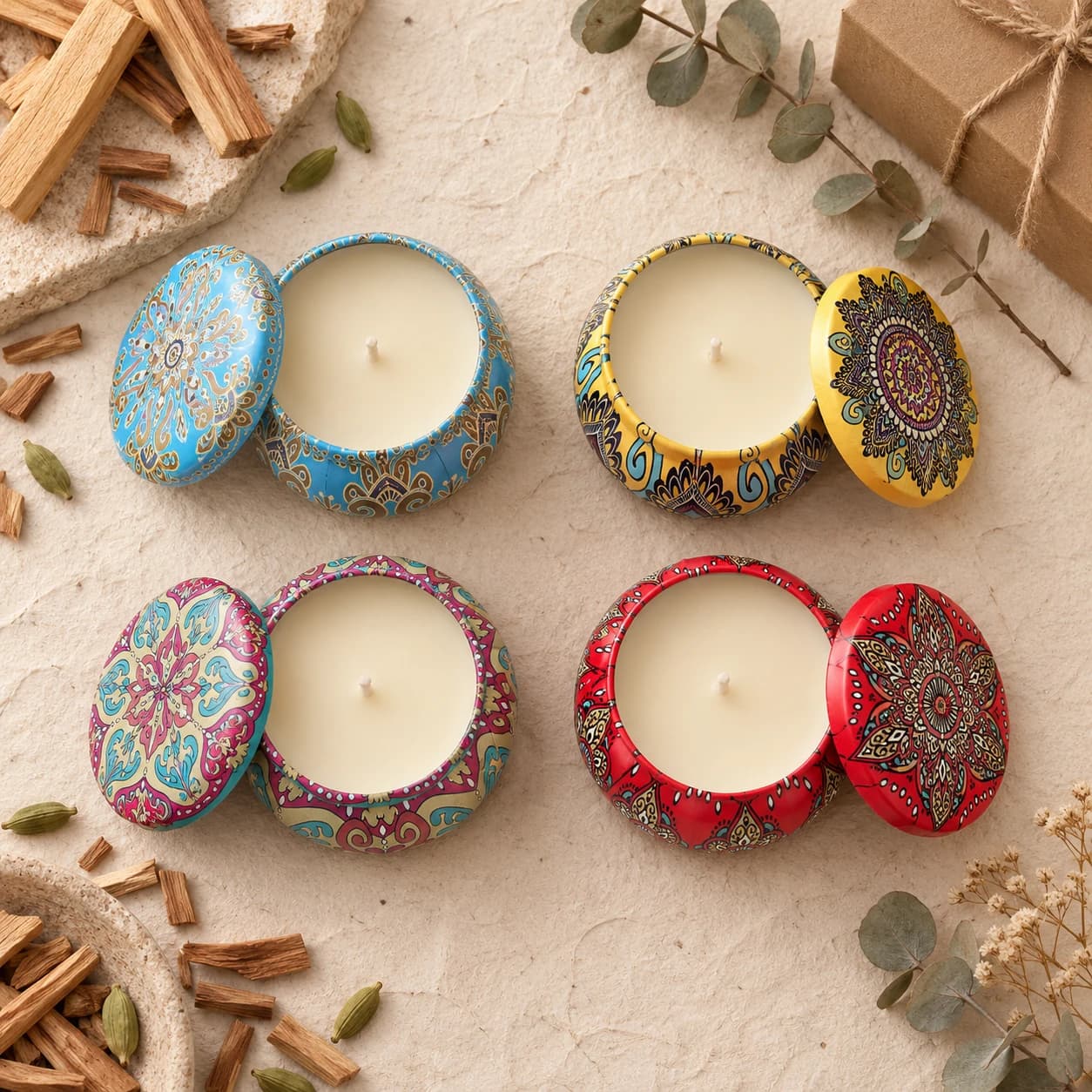 Top-down view of four open candle tins filled with cream soy wax