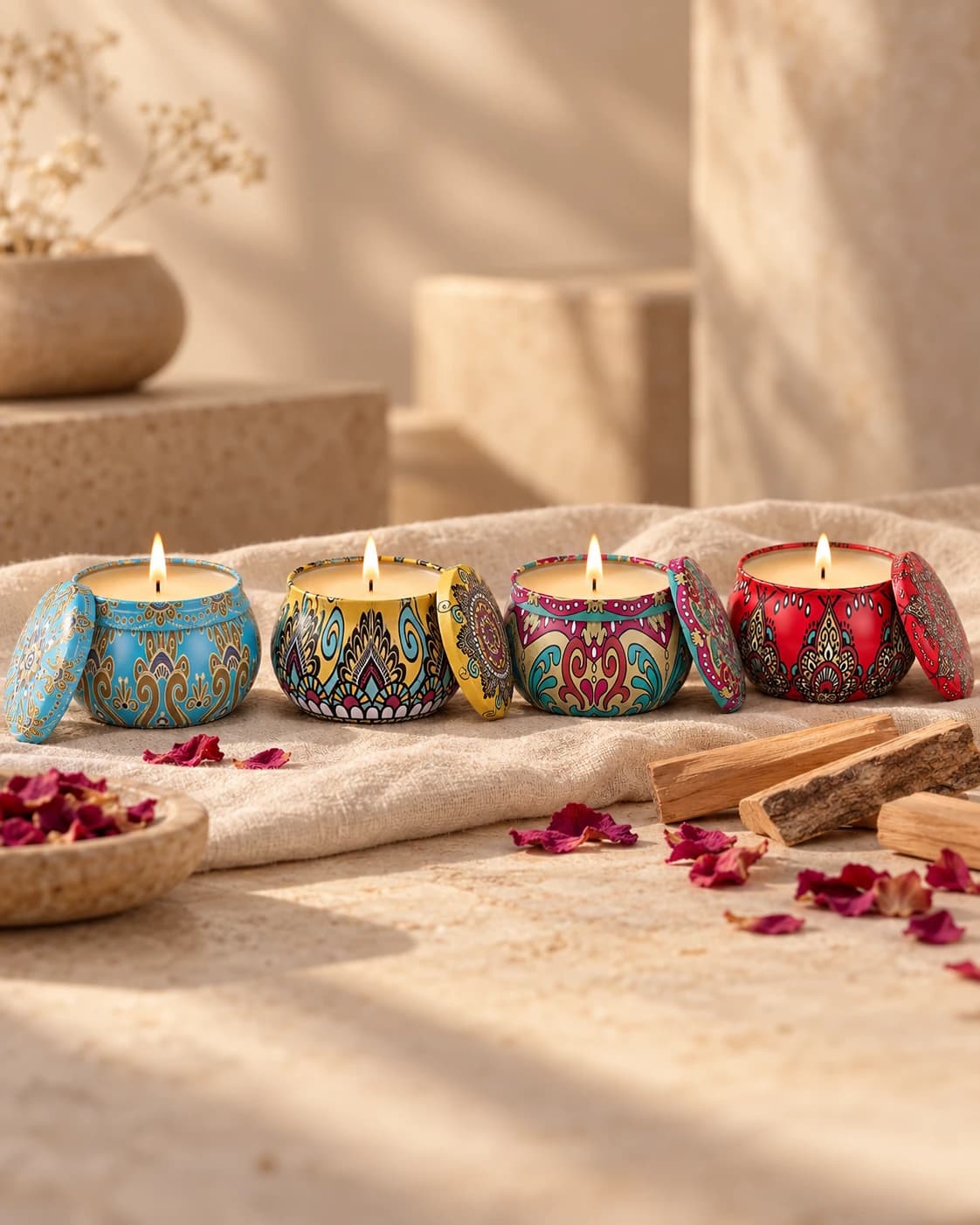 Four lit candles in patterned tins with sandalwood sticks and rose petals