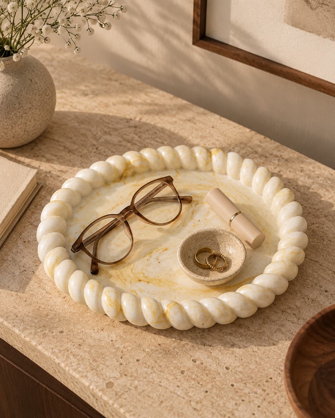 Ochre marble tray holding glasses and a ring dish